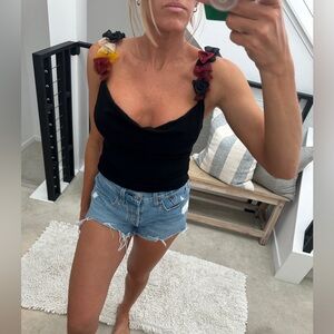 Saffron Black Floral Detail Strap Cowl Neck Tank Top — Business Casual Size 2